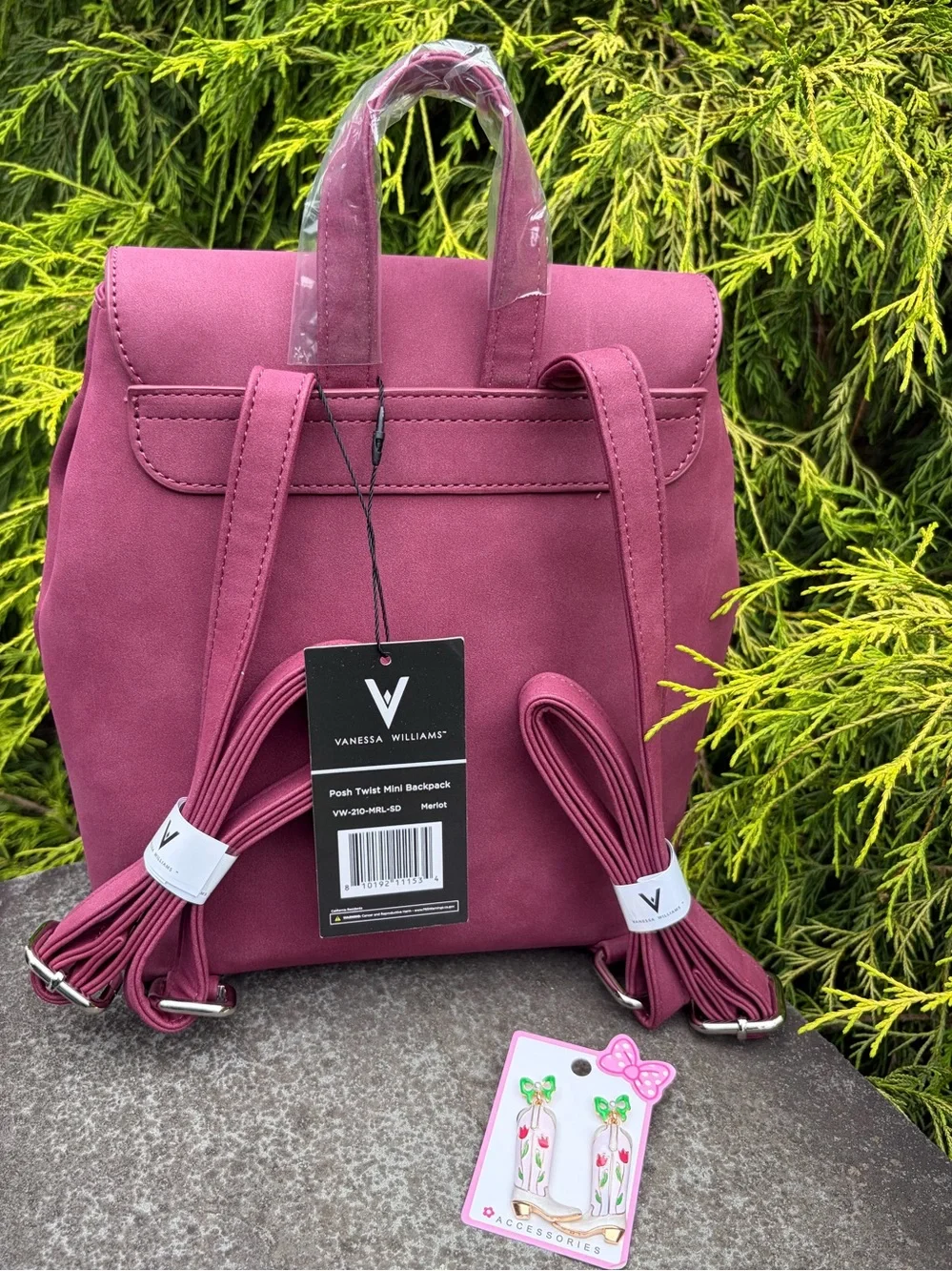Vanessa Williams Merlot Mini Backpack NWT + Floral Boot Earrings